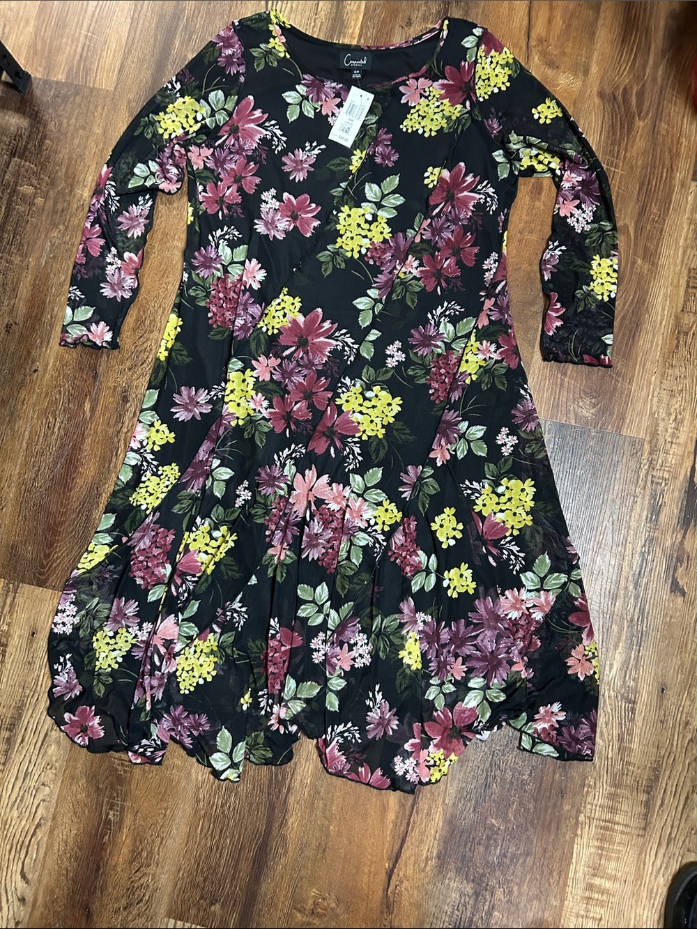 connected apparel Black Floral Fit & Flare Dress with Pink & Yellow Blooms